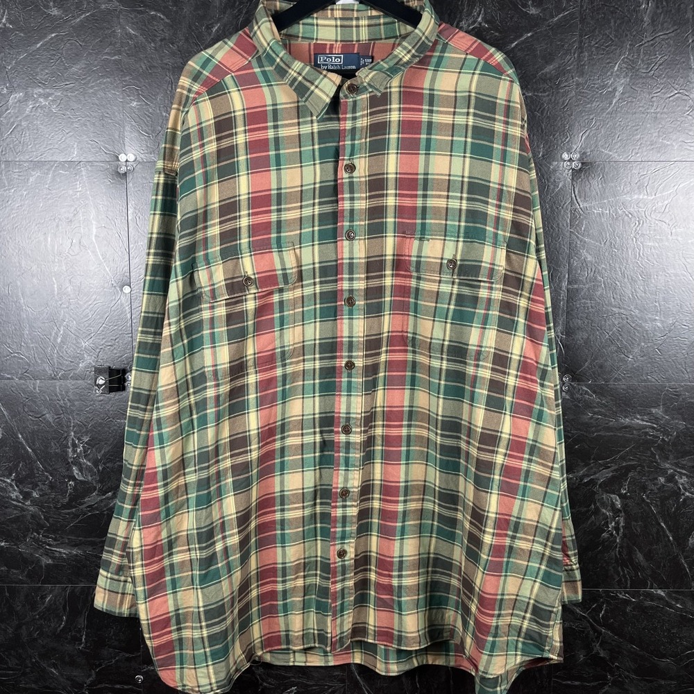 Polo Ralph Lauren Men's Beige Vtg Plaid Flannel Button Sleeve Shirt 5XL (5XB)